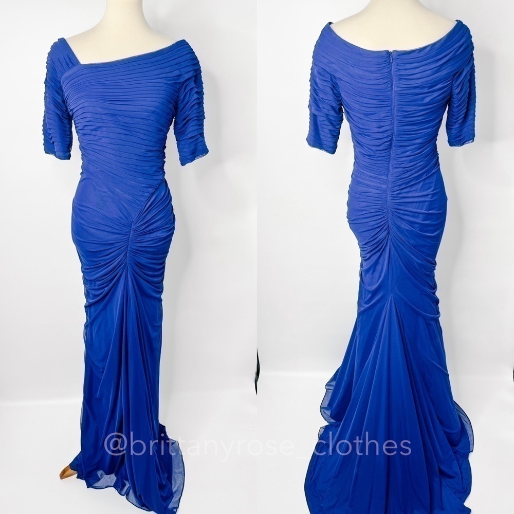 TADASHI SHOJI Asymmetrical Ruched Mesh Evening Formal Gown in Lake Blue - Picture 2 of 8